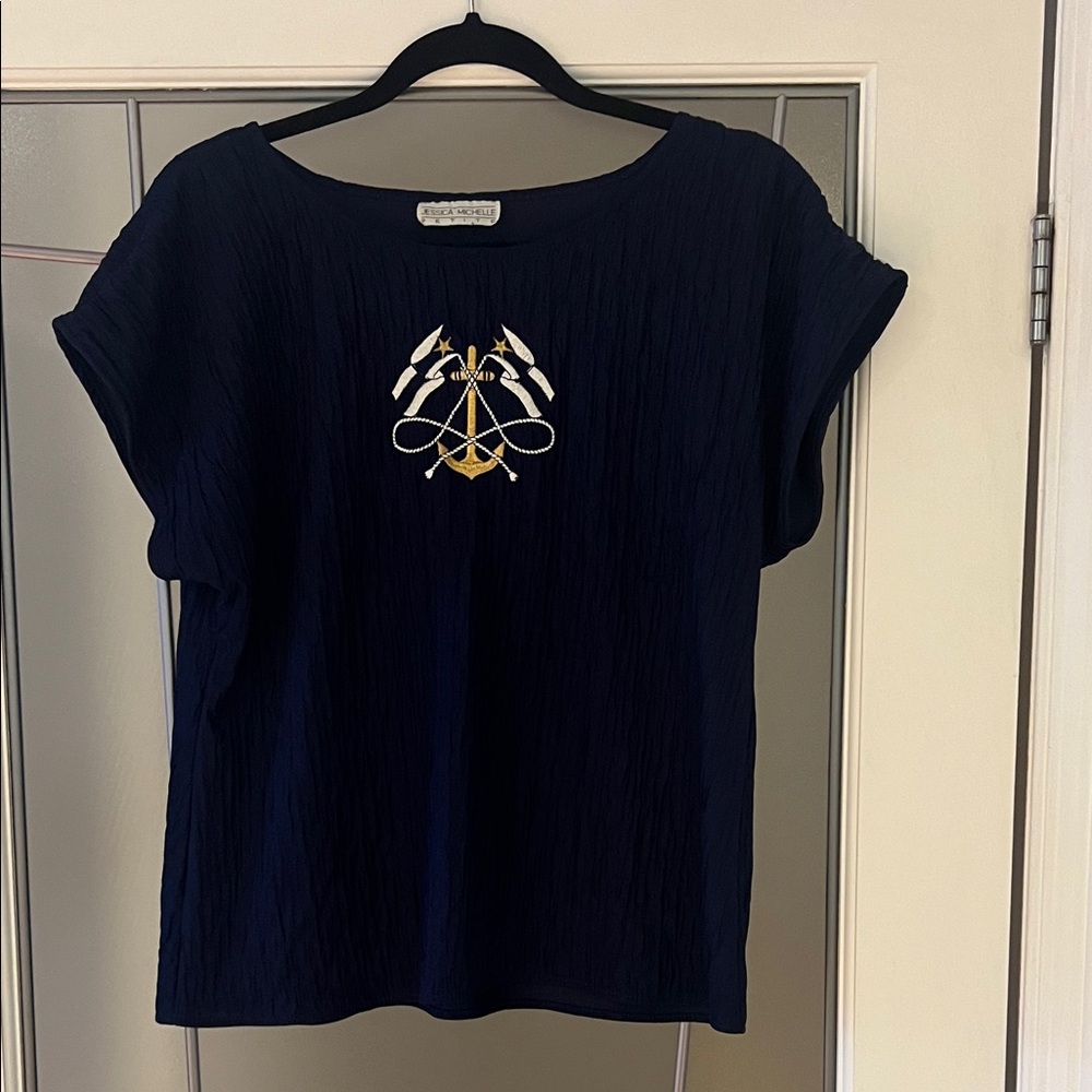Jessica Michelle Petite Vintage Navy Nautical Top Shirt Anchor Medium